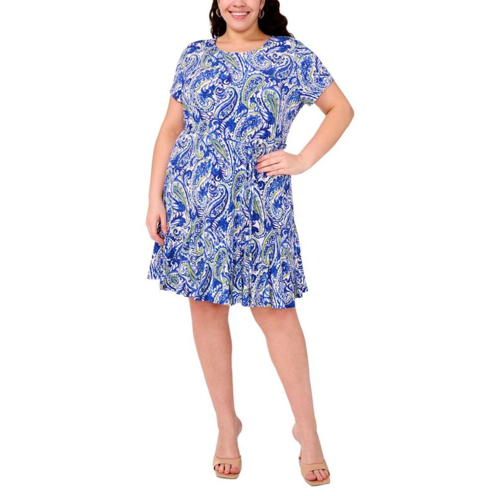 MSK Womens Plus Size Printed Round-Neck Short-Sleeve Dress 3X Cobalt - NWT $79